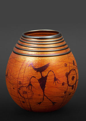 Birdman Petroglyph Golden Brown Basket Vase