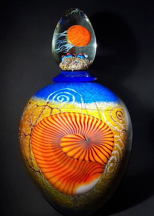 Orange Nautilus on Blue Sea Foam Lidded Vase