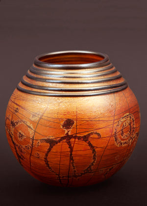 Turtle Petroglyph Golden Brown Basket Vase