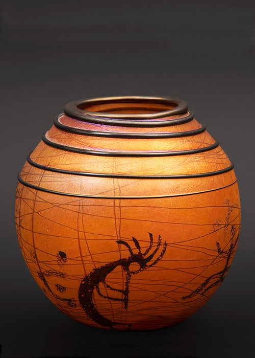 Kokopelli Petroglyph Golden Brown Basket Vase