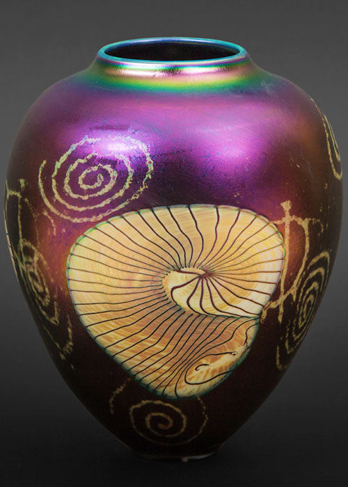 Gold Nautilus on Iridescent Black Vase