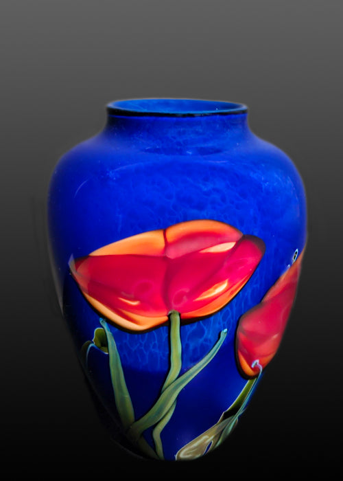 Red Poppy on Blue Oval Vase