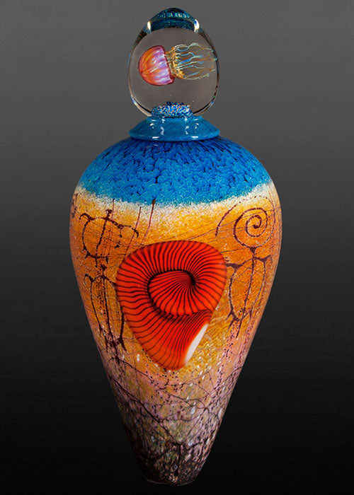 Red Nautilus Blue Sea Foam Lidded Vase