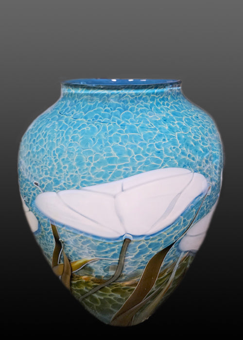 White Poppy on Sapphire Oval Vase