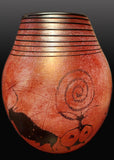 Bull/Running Warriors Petroglyph Golden Brown Basket Vase