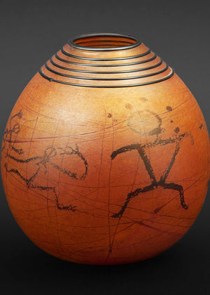 Triangle Man Petroglyph Golden Brown Basket Vase