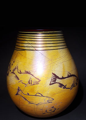 Petroglyph Golden Brown Fish Basket Vase