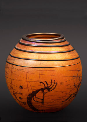 Kokopelli Petroglyph Golden Brown Basket Vase