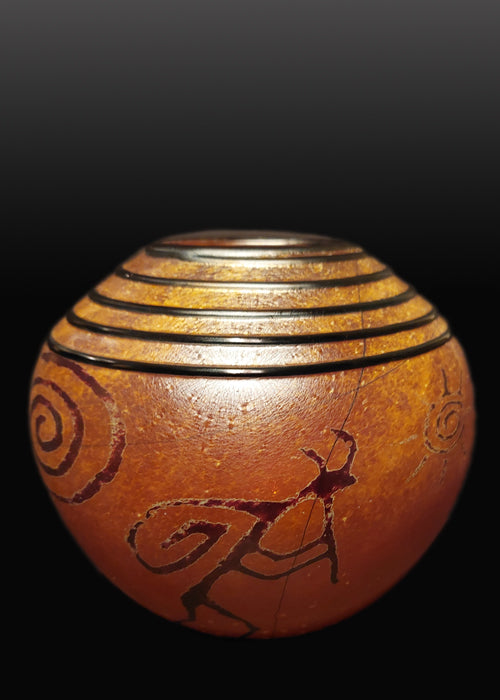 Kokopelli (Figure #2) Petroglyph Golden Brown Basket Vase