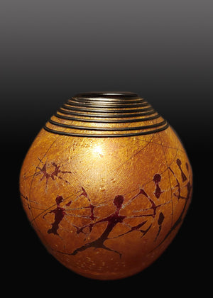 Running Warriors Petroglyph Golden Brown Basket Vase