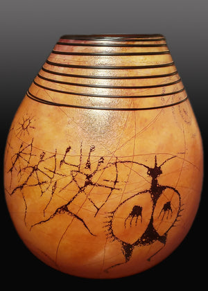 Running Warriors/Shield Warrior Petroglyph Golden Brown Basket Vase